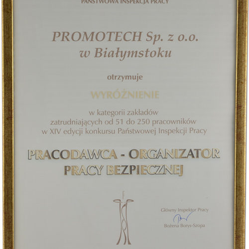 Wyróżnienie w konkursie „Pracodawca – Organizator Pracy bezpiecznej” – Państwowa Inspekcja Pracy